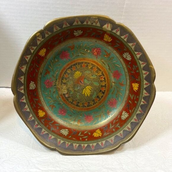 VTG Solid Hand Crafted Solid Brass Enameled Bowl Colorful Floral Design 9.25" - Picture 4 of 10